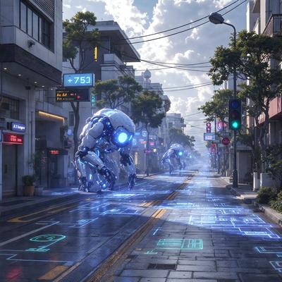 The primary subject of the image is a futuristic city street with a group of robotic creatures walking down the road. The setting is a city environment, with buildings and traffic lights visible in the background. The visual style is a combination of photo and digital art, creating a unique and captivating scene. The colors and mood of the image are predominantly blue and green, giving it a futuristic and technological atmosphere.